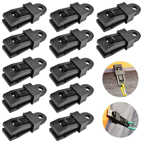 Tarp Clip Clamp,12 PCS Heavy Duty Tarpaulin Clips Set Plastic Tent Clips Camping Tent Clips Black Reusable Awning Clamps Instant Awning Clamp for Tents Tarp Caravan Garden Shade Cloth Boat Cover