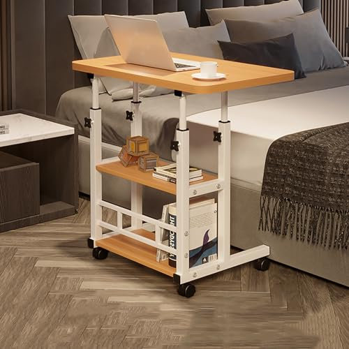 Mobiler Stehpult mit höhenverstellbaren Rädern und Ablagen, rollbarer Laptopwagen, C-förmiges TV-Tablett für Sofa, Couch, Naturfarbe, 80 x 40 cm