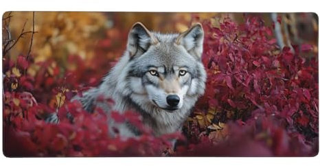 Mouse Pad Wolf, Red Large Mouse Mat XXL 32x12 inch, Extended Gaming Mouse Pad with Stitched Edges, Anti-Slip Rubber Base, Soft Smooth Surface and Waterproof Cloth, Desk Pad for Office Work Decor-L888