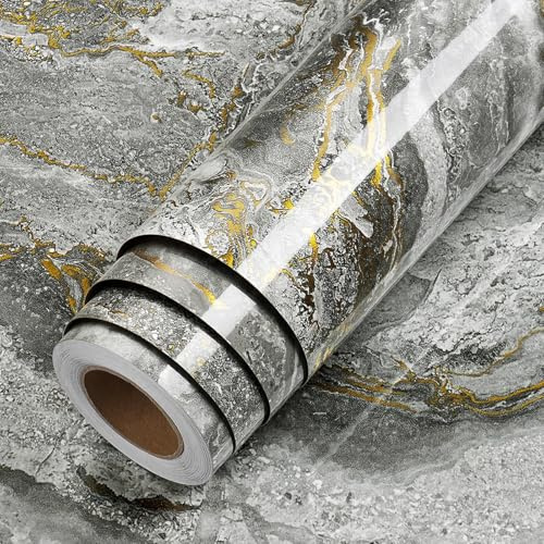 LACHEERY Carta Adesiva per Mobili Marmo Grigio e Oro 40cm x 200cm Impermeabile Pellicola per Mobili Cucina Piano Top Vinile Carta Adesiva Marmo Lucido per Armadio Bagno Porta Rivestimenti Adesivo