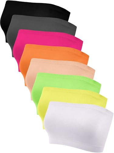 Bencailor 8 Pieces Bandeau Top for Women, Strapless Tubes Non Padded Seamless Bralettes Stretchy Sports Bra(X-Large,Bright Colors)