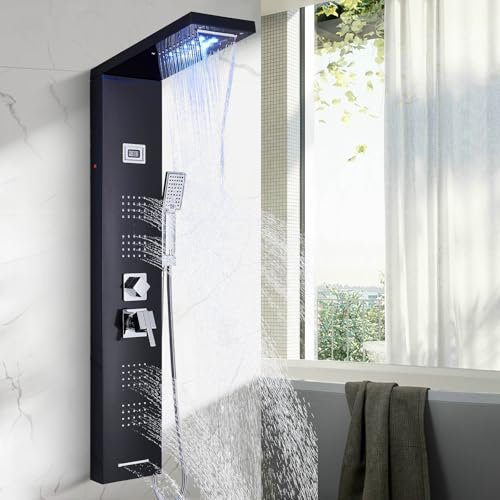 Shower Tower Panel with 5 Spout Modes with LED Display, Shower System Black, Stainless Steel