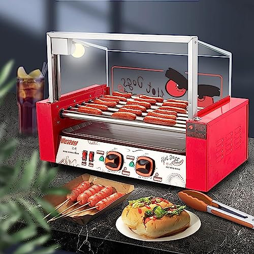 Rullo per hot dog per griglia Rullo per hot dog, macchina per cuocere salsicce, 7 rulli antiaderenti 24 Hot Dog Girarrosto con vassoio raccogli gocce in acciaio inossidabile rimovibile e coperchio i