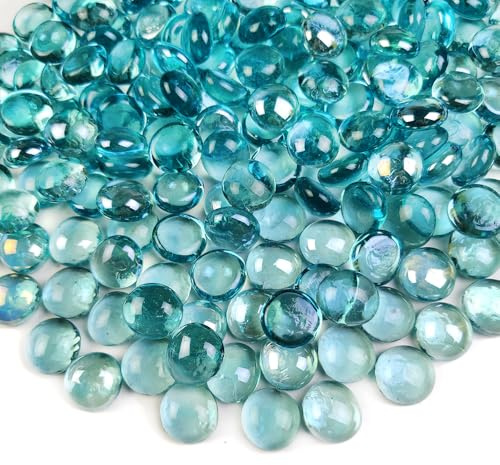 G&S homedeko 300Pcs Glass Pebbles,1.35kg Ice Blue Flat Marble Beads,Decorative Stones for Vases,Aquarium Gravel,Art Craft,Flowerpot,Landscaping & Home Decor
