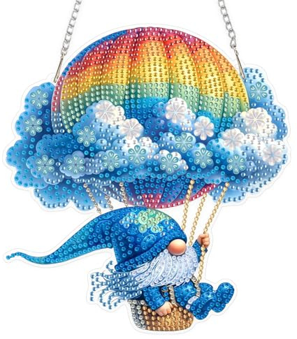 EOBROMD Zwerg im Heißluftballon Diamond Painting Fensterbilder, 5D Diamond Painting Anhänger Deko mit Kette, Diamant Malerei für Wand Und Eingang Dekoration