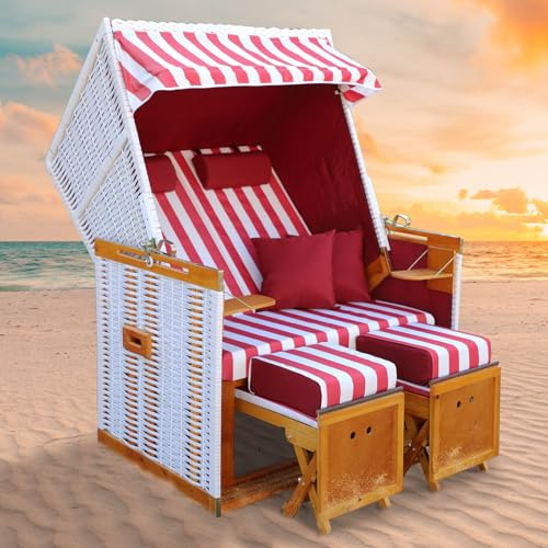 BRAST Strandkorb Norderney Deluxe für 2 Personen | 120cm breit | 4 Designs | inkl. wetterfeste Abdeckhaube, verstellbare Rückenlehne Fußkissen | Weiß/Rot - gestreift