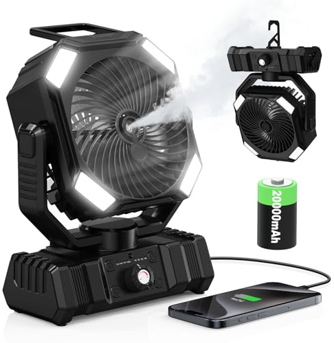 OUWANCH Ventilador Nebulizador Portátil 20000mAh, con Tanque de 300 ml, Oscilación 45°-90°, Rotación 270°, Luz LED, Temporizador, para Camping, Exterior, Escritorio y Viajes