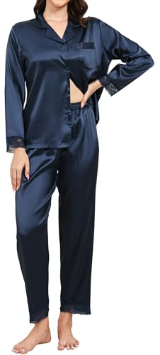 TeJoyce Pijama Mujer Seda Largo Invierno, Dos Piezas Raso Ropa de Dormir, Conjunto Satén Camiseta Encaje Manga Larga con Botones Abierto y Pantalón, Elegante y Cómodo Ropa de Casa S-XXL