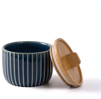 Salt Cellar Keeper with Bamboo Lid, 14oz Big Capacity Ceramic Sugar Bowls Pepper Box, Crackle Glaze Seasoning Container Condiment Pot for Kitchen (Blue Color)