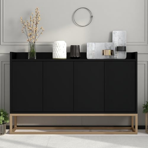 Aneutr Moderne Anrichte, Niedriger Schrank mit 4 Türen, Küchenschrank mit verstellbarem Regal und Goldfarbenen Metallbeinen, Wohnzimmer, Minimalistische Anrichte für Wohnzimmer (Schwarz)