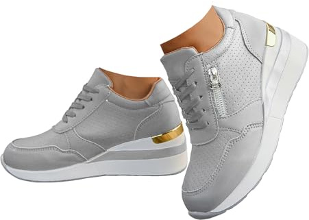 Xbemkste Sneaker dam, kilklack, platå, fritidsskor med dragkedja, andas, snörning, löparskor, sneakers, dam, platåskor, bekväma sportskor, GRÅ, 40.5 EU