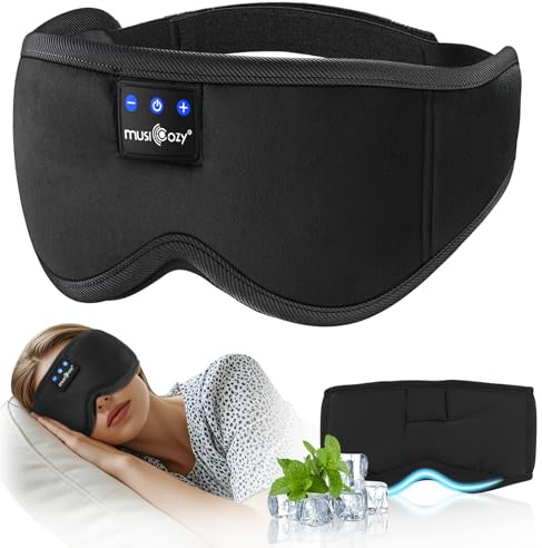 MUSICOZY Bluetooth Sleep Mask Headphones 100% Blockout Sleep Headphones | Cool Ice Silk Eye Mask With Bluetooth Headphones For Sleeping, Travel, Nap & Side Sleepers. Great Gift For Men & Women