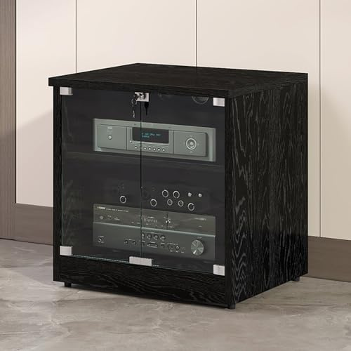 Mueble para Equipos de Medios AV - Gabinete para Estéreo con Puertas de Cristal Templado, Organización de Cables y Estantes Ajustables, para Equipos de Sonido y Componentes(Black,60cm/23.6in)