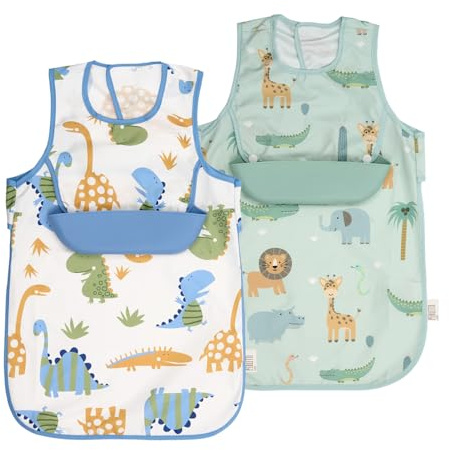 PERLETTI Bavaglini Impermeabili Bambini Tasca Silicone Raccoglipappa Staccabile - Bavaglino Svezzamento Senza Maniche - Grembiule Pappa Bavaglia Bambino Bambina Riutilizzabile (Set Azzurro + Verde)
