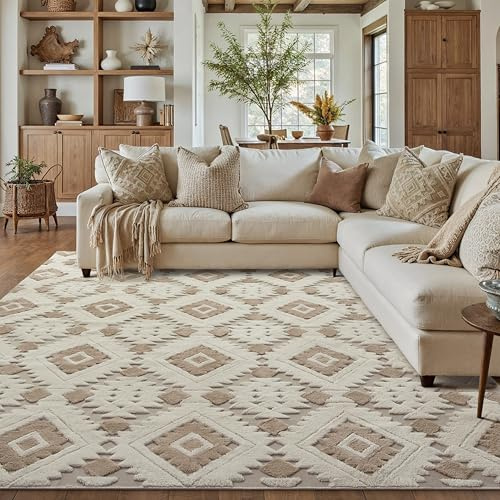 PureCozy Tapis Salon 200x300cm Beige Brun AntidéRapant Lavable en Machine Moderne Boheme Rug Moquette Chambre Adulte Salle A Manger Descente de Lit 3D Carpet Poil Ras Geometrique