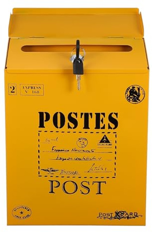 Eisen Briefkasten und Zeitungsfach Retro mit Schloss zur Wandmontage | Gelbe Vintage Ausführung, Vielseitig als Vorschlagsbox oder Kleine Paketbox