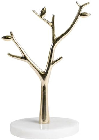 Yardwe Soporte Colgante para Joyas Forma de Árbol de Metal Dorado y Base de Mármol Blanco Organizador Multifuncional para Pendientes Collares y Anillos Adecuado para Uso el Hogar y