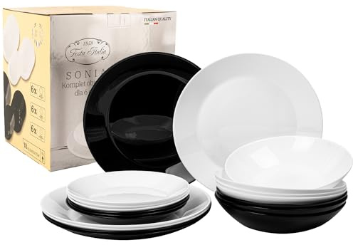 FESTA ITALIA Service Vaisselle 6 Personnes - 18 Pièces - Verre - Assiettes Service de Table - Ensemble Vaisselle de Table Moderne - Assiette et Arts de la Table - Assiettes Plates