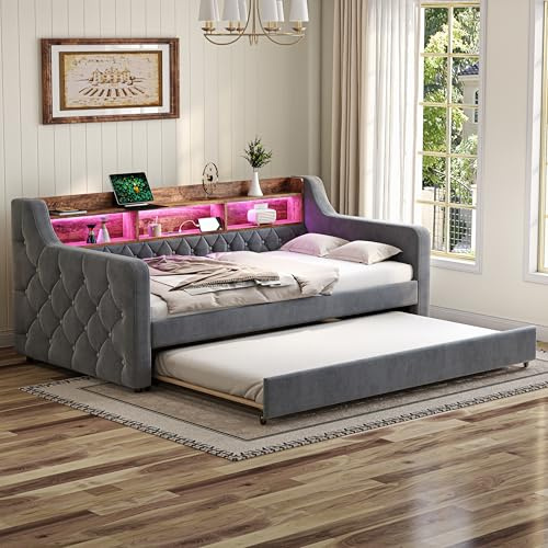 Luscriate Gästebett 90x190 cm ausziehbar – Sofa Bett mit Stauraum, LED Beleuchtung & USB Anschluss, Samt Einzelbett für Gästezimmer & Wohnzimmer (Dark Grey)