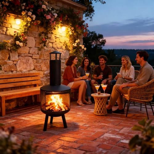 PortoAlegre Terrassenofen Mit Schornstein Feuerstelle Gartenkamin Für Brennholz Gartenofen Terrassenkamin Außen, Garten, Terrasse, Antiker Feuerofen