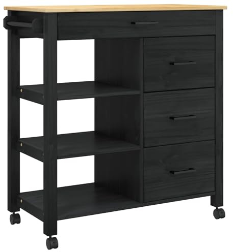 vidaXL Carro de Cocina Monza Negro 84 x 40 x 88,5 cm, Cocina, Unidad móvil, Carrito Moderno, Carro Rectangular de Pino, Amplio Almacenamiento, Rodante, Utilidad