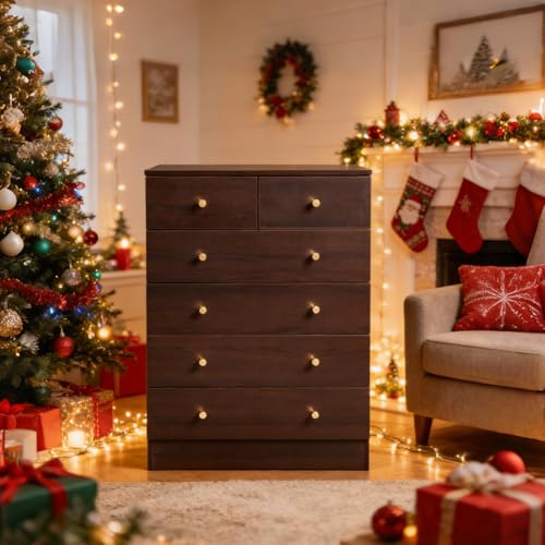 Karl home Brown 6 Drawer Dresser for Bedroom, Modern Wood Dresser Chest of Drawers, Bedroom Modern Nightstand, Anti-Tipping Device, Rose Gold Metal Handle, Living Room, Hallway, Office