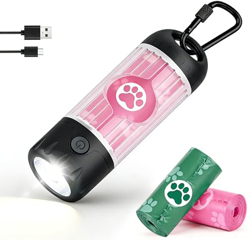 Yesbular Dog Poop Bag Holder with Flashlight 7-Color, USB-C Rechargeable Poop Bag Displenser for Leashes, IPX6 Waterproof Anti-Slip Clip Pet Waste Bag Holder for Walking (1 Dispenser, 30 Bags)