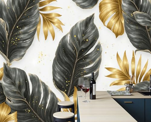 Motif Papier Peint Soie Panoramique Monstera Deliciosa Feuilles De Bananier, Papier Peint Plante De Luxe Vintage, 250x175cm Wallpaper Décoration Murale Pour Salon Chambre Bureau Couloir, Gris Foncé