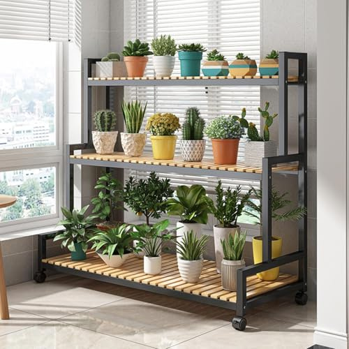 JYHHGDS Scaffale Mobile per Piante con rotelle, portafiori Rustico a 3 Livelli per Patio e Giardino, Supporto in Metallo e Legno massello.