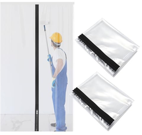 Lot de 2 housses de porte anti-poussière en plastique avec fermeture éclair pour protection de peinture, rénovation et construction - 1,2 mx 2,2 m