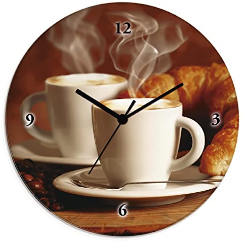 ARTLAND Wanddeko Wanduhr ohne Tickgeräusche Glas Quarzuhr Ø 30 cm Rund Lautlos Dampfender Cappuccino und Croissant