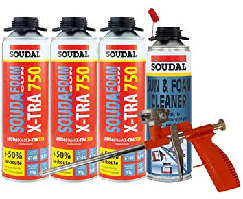 Soudal Kombi Set 3 x Soudafoam B2 X-TRA750 500ml Pistolenschaum Verfüllung Bauanschlussfugen inkl. Reiniger + Schaumpistole Compact