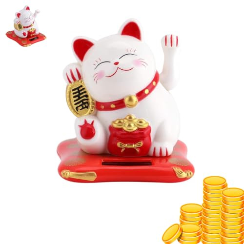 VIFERR Solarbetriebene Winkekatze, Winkende Katze Solar Glückskatze, Winkekatze Chinesische Glückskatze Luck Cat für Autodekoration, Schreibtisch, Zuhause (Weiß)