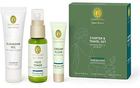 PRIMAVERA Starter & Travel Set Pure Balance - Naturkosmetik - Kennenlern- & Reiseset für Mischhaut und ölige Haut - Geschenkbox Reinigung, Toner, Pflege - vegan