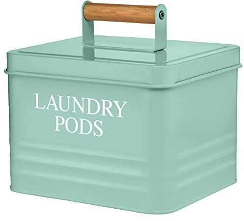 Calindiana Modern Farmhouse Metal Laundry Pods Holder Container with Lid for Laundry Room Decor and Accessories and Space Saving Organization and Storage, Holds 81 Laundry Pods, Mint