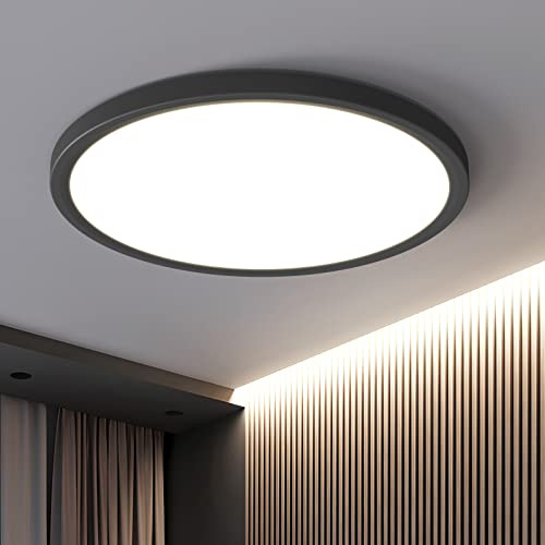 OTREN LED Deckenleuchte 48W, Rund Deckenlampe 4800LM, Moderne Flach Panel 4000K Neutralweiß für Badezimmerküche Wohnzimmer Schlafzimmer, Ø40CM, Schwarz