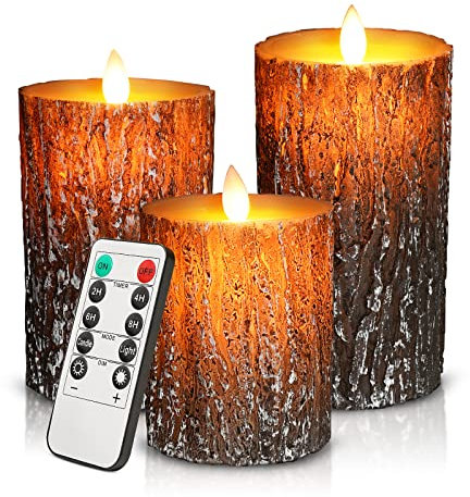 cimetech Flammenlose 3 LED Kerzen Pine Bark Cover Säule Birkeneffekt Echtwachs Flackernde Batteriebetriebene LED-Kerzen 3er Set Flackernd Fernbedienung Led Deko Kerzen