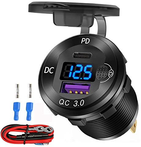 12V USB C Aluminium Auto-Ladebuchse, 12 Volt USB-Steckdose, PD 20W und Quick Charge 3.0 18W Auto-Anschluss wasserdicht mit Voltmeter & Netzschalter, geeignet für Marine LKW Motorrad Boot Golfwagen