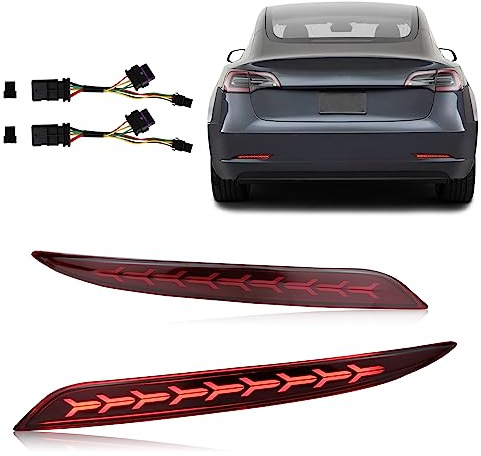 GEEGEETOP Red Lens Rear Fog Bumper Reflector Brake Tail Sequential Flash Singal Lights Lamp 3 in 1 Arrow Style Compatible with Tesla Model 3 2017-2022 2023 Standard Performance