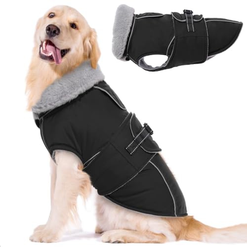 Lelepet Hundemantel Winterweste Reflektierende Fleece Hundejacke für Extra Große Hunde Wasserdicht Hundejacke Wintermantel Warme Winterjacke mit Verstellbarer Schnalle (Schwarz, 3XL)
