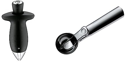 WMF Top Tools Erdbeestrunkentferner 9,5 cm, Edelstahl, Tomatenstrunkentferner & Gourmet Eisportionierer 18 cm, Eislöffel mit Auswerfer