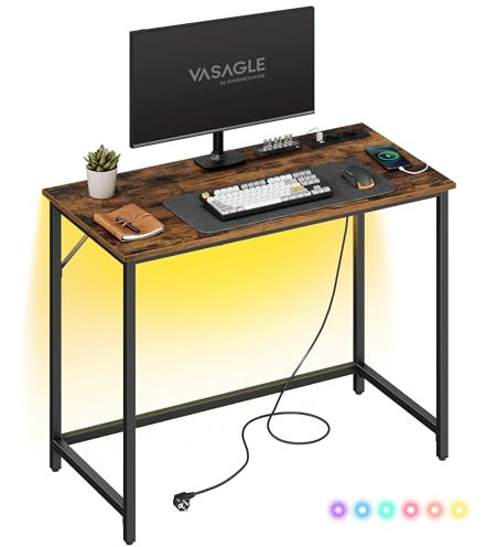 VASAGLE Schreibtisch, Gaming-Tisch mit LED-Beleuchtung, Steckdosenleiste, Computertisch, 50 x 100 x 76, platzsparend, für Arbeitszimmer, Homeoffice, vintagebraun-tintenschwarz LWD141B81