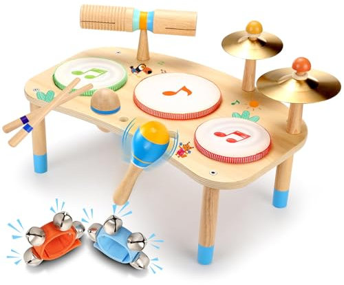 OATHX 11-in-1-Schlagzeug für Kinder ab 1 Jahr Musikinstrumenten-Set aus Holz, Baby-Schlagzeug mit Handgelenksglocken für Kleinkinder Geschenke zum 1. Geburtstag für Jungen und Mädchen Musikspielzeug