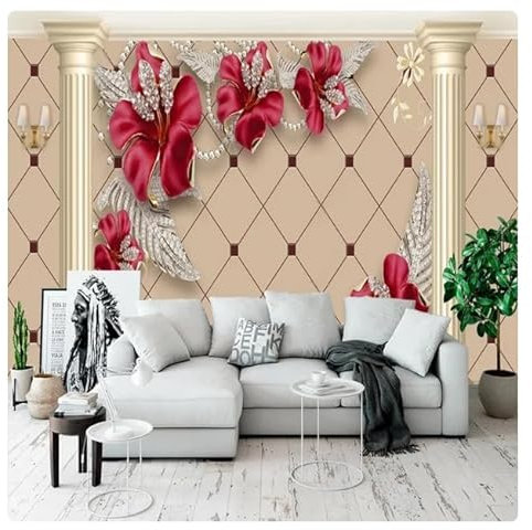 TUJU Foto 3D-Schmuck, rote Blumen, Säule, kariertes Hintergrundbild, Schlafzimmer, Wohnzimmer, TV, Wanddekoration, Vlies, große Wandbilder * 200 cm x 140 cm (78,7 x 55,1 Zoll)