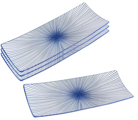 DealbyBox 12 Long Rectangle Plates for Serving Sushi, Pasta, Chips, Appetizer - Ceramic Sushi Plate for Party, Restaurant, Banquet (4Pack, Blue Radial)