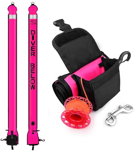Owekfifv Surface Marker Boje und Tauchrolle, 1,8 m, hohe Sichtbarkeit, offener Boden, verzögerter SMB mit Spulen-Aufbewahrungstasche + 30,5 m Tauchspule und Clip