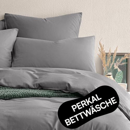 Seralino Bio Perkal Bettwäsche 135x200 Dunkelgrau| 100% Bio Baumwolle Perkal 135x200 inkl Kopfkissenbezug 80x80| weiche Stonewashed | mit Reißverschluss