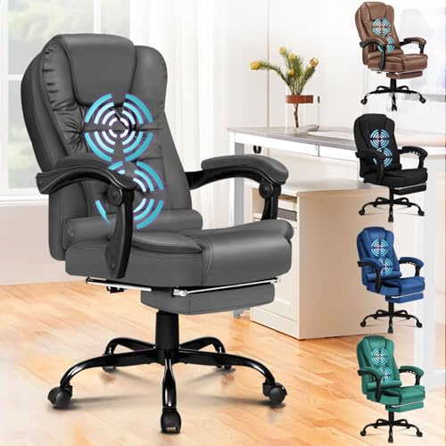 ALFORDSON Ergonomischer Bürostuhl mit Massagefunktion, Fußstütze und 150°-Neigung, Samt-Chefsessel mit -Gasdruckfeder, drehbarer Gaming-Stuhl für Computer-, Leder, Gray
