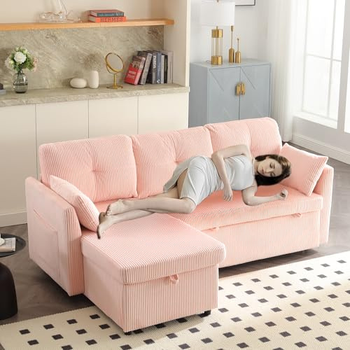 YESGIGA Multifunktionales Schlafsofa mit Stauraum und ausziehbarem Bett, Chaiselongue-Wechselsofa, modulares L-Sofa (Rosa)