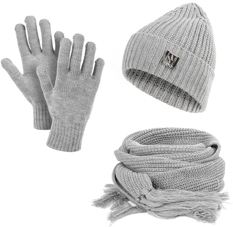 HEYO Damen Mütze Schal Handschuhe Set für Winter, Beanie Strickmütze warm, Winterschal mit Fransen HZ0015 (Grau)